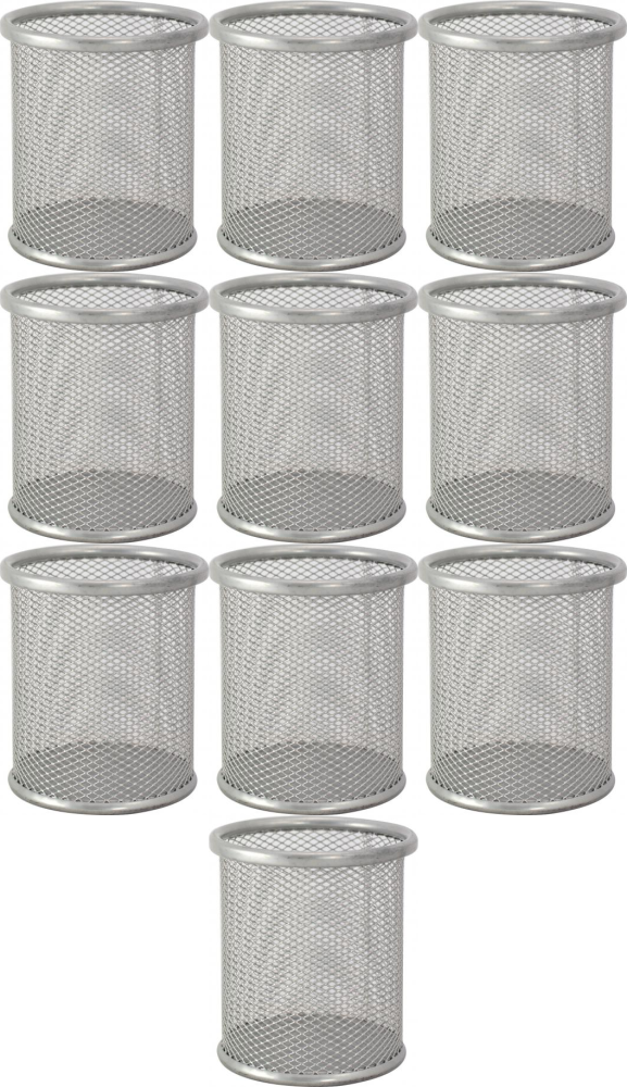 10x Kubek na długopisy MemoBe, 9.5x9x9cm, metalowy (druciany), srebrny