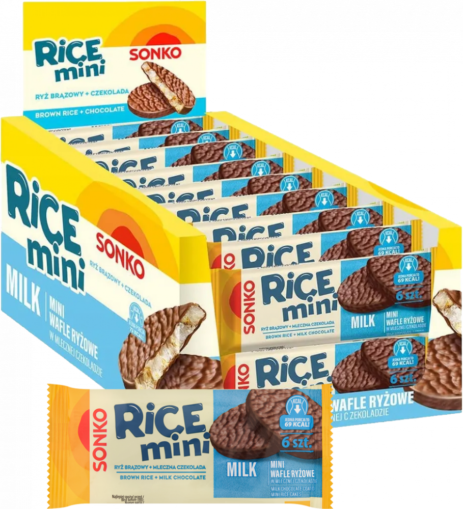 12x Mini wafle ryżowe Sonko Rice Mini Milk, w czekoladzie mlecznej, 6 sztuk, 27g