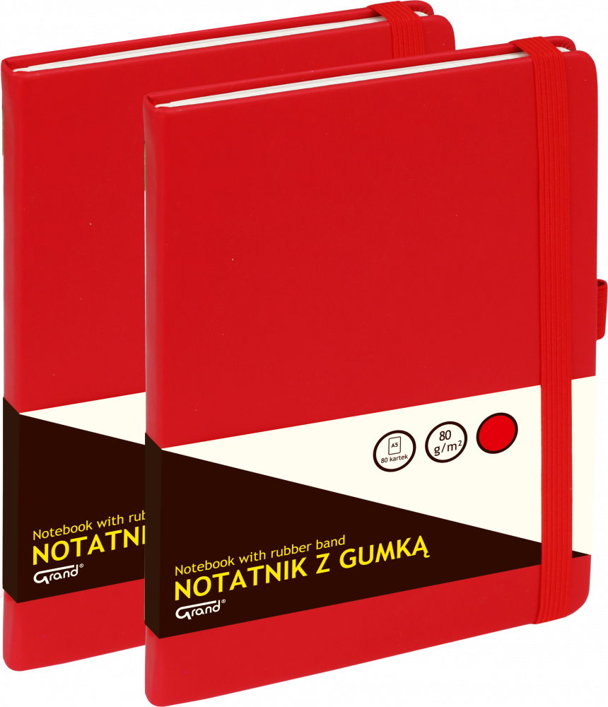 2x Notatnik w kratkę Grand, z gumką, A5, twarda oprawa, 80 kartek, czerwony