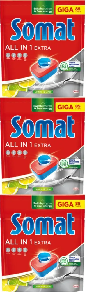 3x Tabletki do zmywarki Somat All in One Extra, lemon&lime, 85 sztuk