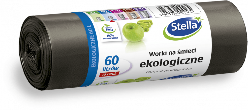 Worki na śmieci Stella, na odpady zmieszane, ekologiczne, 60l, 10 sztuk, czarny