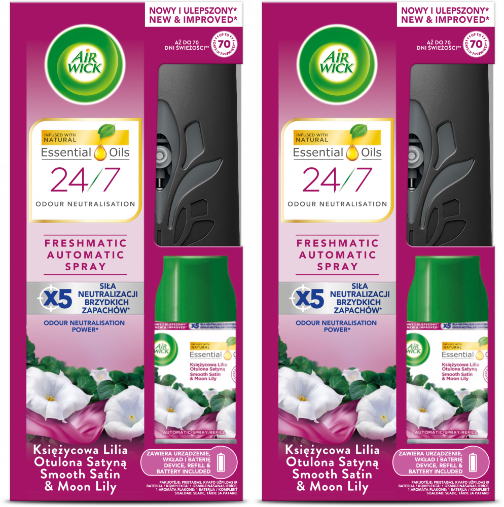2x Odświeżacz automatyczny Air Wick Freshmatic, wkład + urządzenie, Księżycowa Lilia Otulona Satyną, 250ml