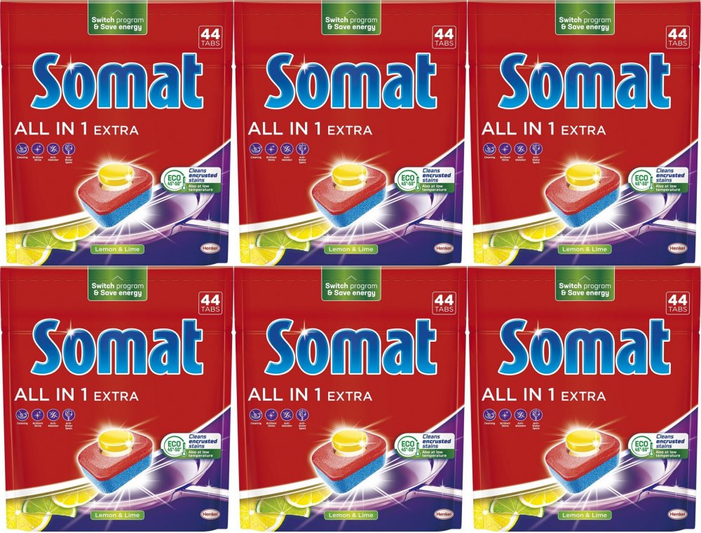 6x Tabletki do zmywarki Somat All in One Extra, lemon&lime, 44 sztuki