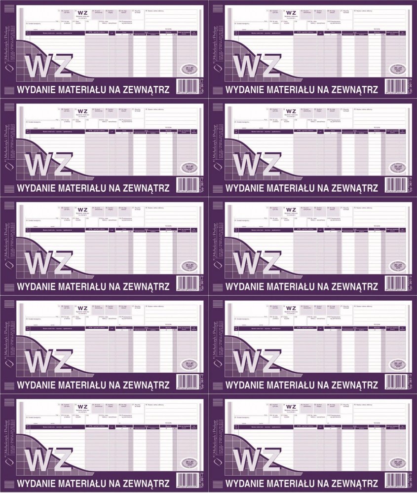 10x Druk akcydensowy WZ Wydanie materiału na zewnątrz MiP 361-2, 1/3 A3, wielokopia, 80k