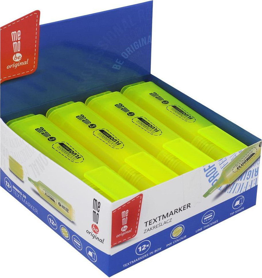12x Zakreślacz MemoBe, ścięta, żółty neonowy