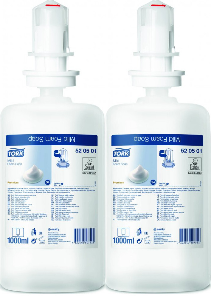 2x Mydło w piance Tork 520501 Premium, do dozownika S4, bezzapachowe, 1l