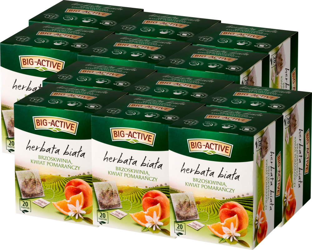 12x Herbata biała smakowa w torebkach Big Active, brzoskwinia i kwiat pomarańczy, 20 sztuk x 1.5g