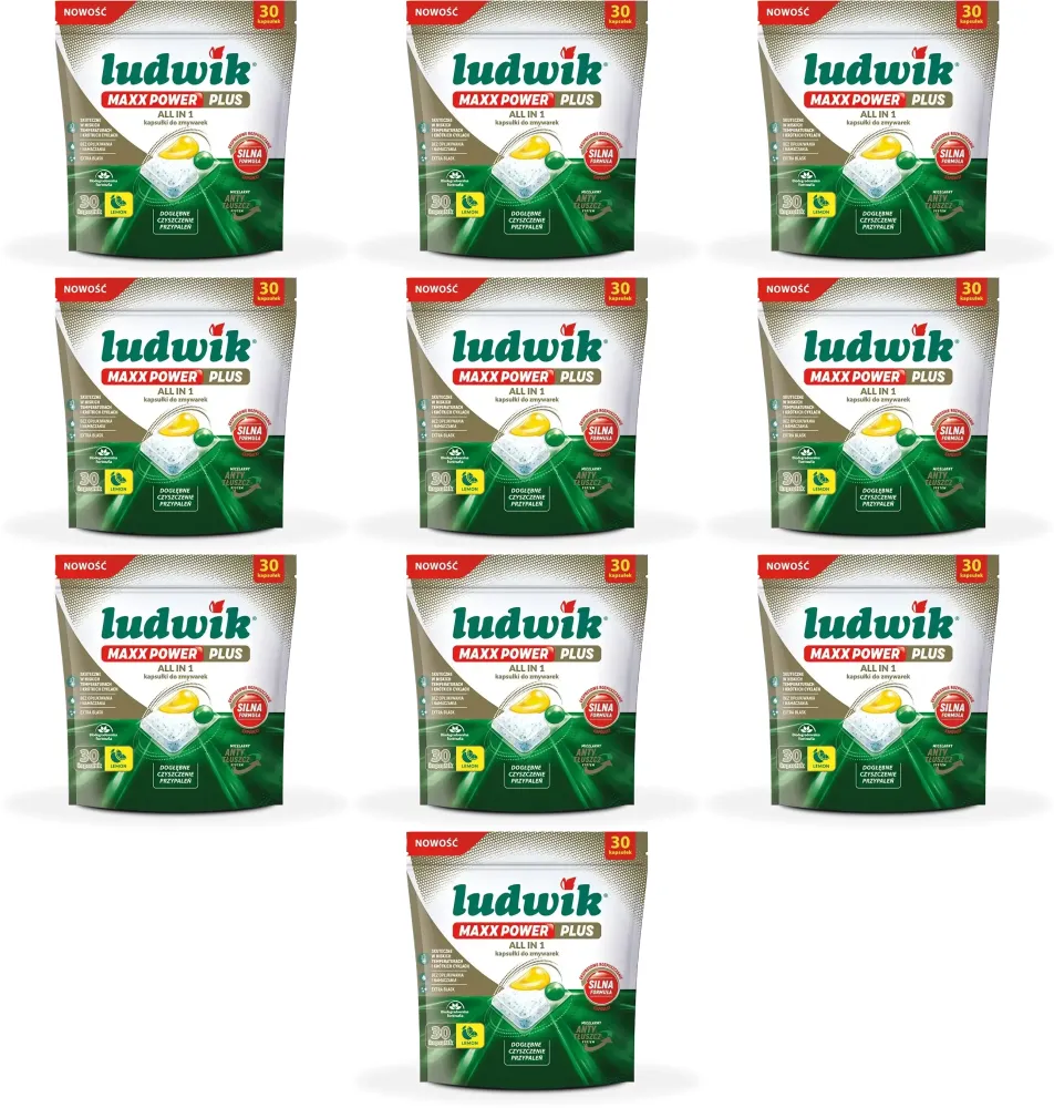 10x Kapsułki do zmywarek Ludwik Maxx Power Plus All in One, lemon, 495g, 30 sztuk