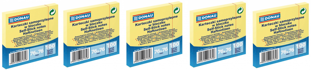 5x karteczki samoprzylepne Donau, 76x76mm, 100 karteczek, jasnożółty