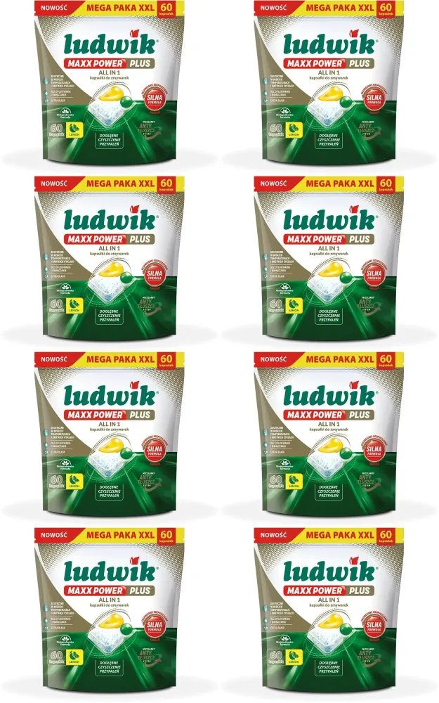 8x Kapsułki do zmywarek Ludwik Maxx Power Plus All in One, lemon, 990g, 60 sztuk