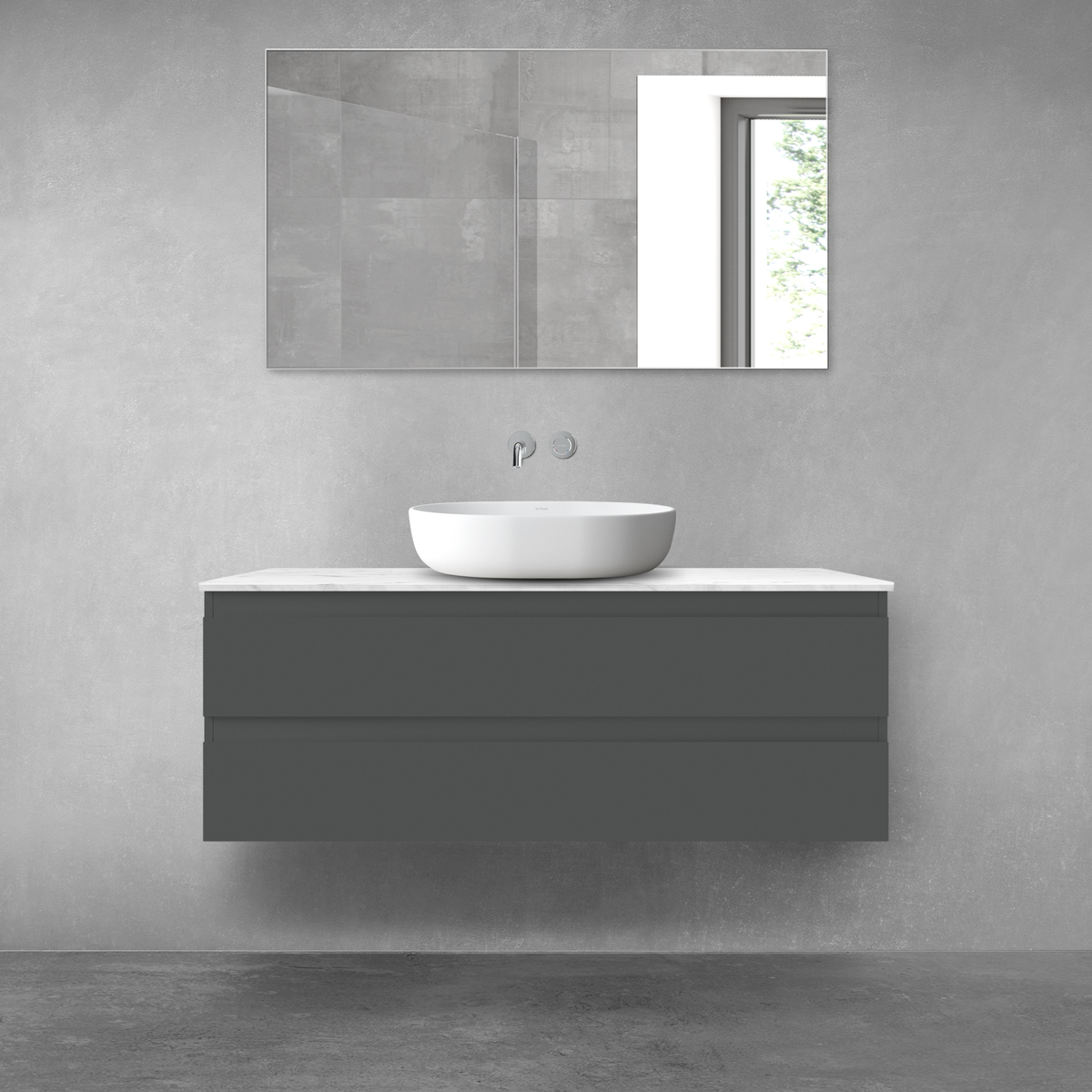 Zestaw Oltens Vernal szafka 120 cm podumywalkowa wisząca z blatem Tera grafit mat/jasny marmur 68728400 - Wysyłka w 24h