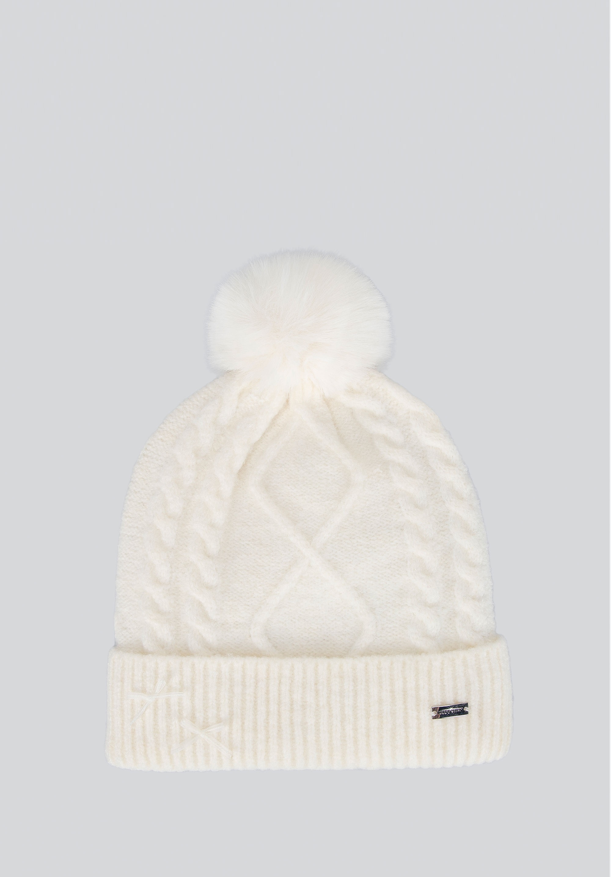 Damska czapka z pomponem i kokardami kremowa