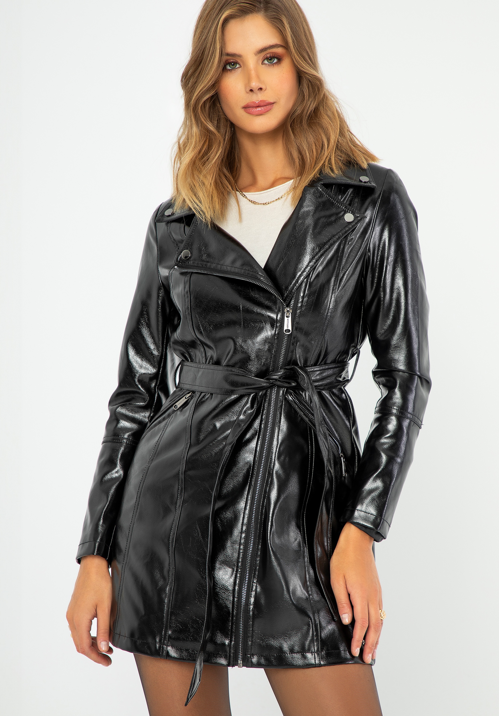 Damski płaszcz z ekoskóry dwurzędowy czarno - grafitowy