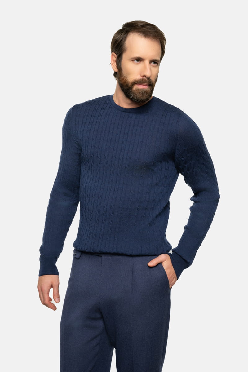 Sweter warkoczowy wełniany, granatowy