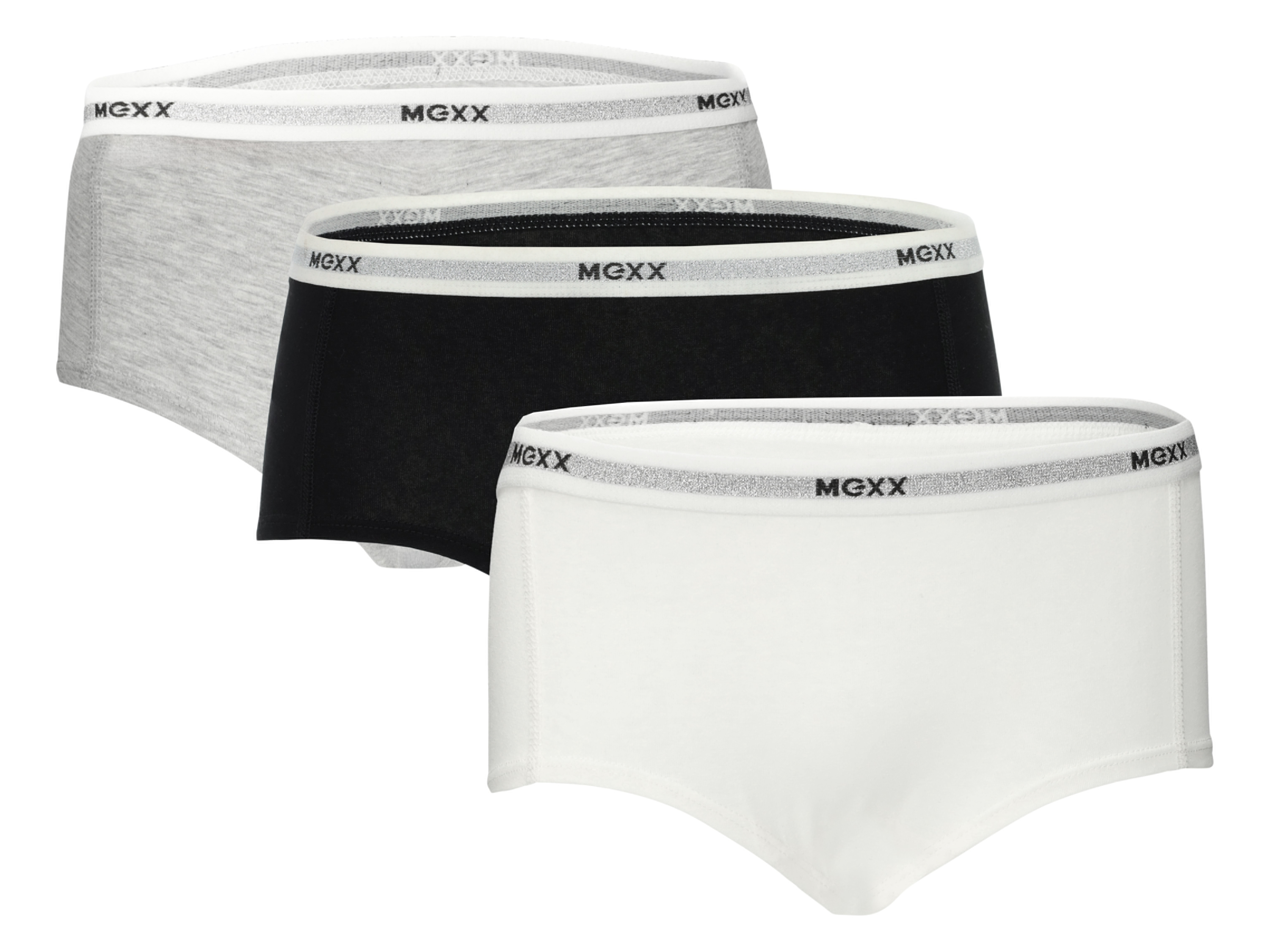 Mexx Majtki hipstery damskie z bawełną, 3 pary Czarny/biały/szary, L