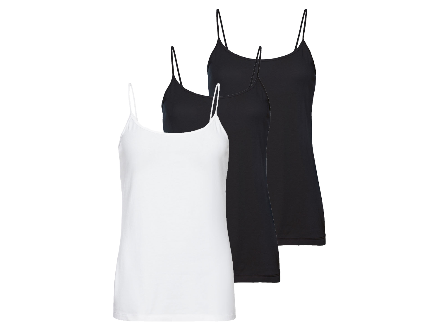 esmara Topy damskie z bawełną na cienkich ramiączkach, 3 sztuki Czarny / biały, L44/46