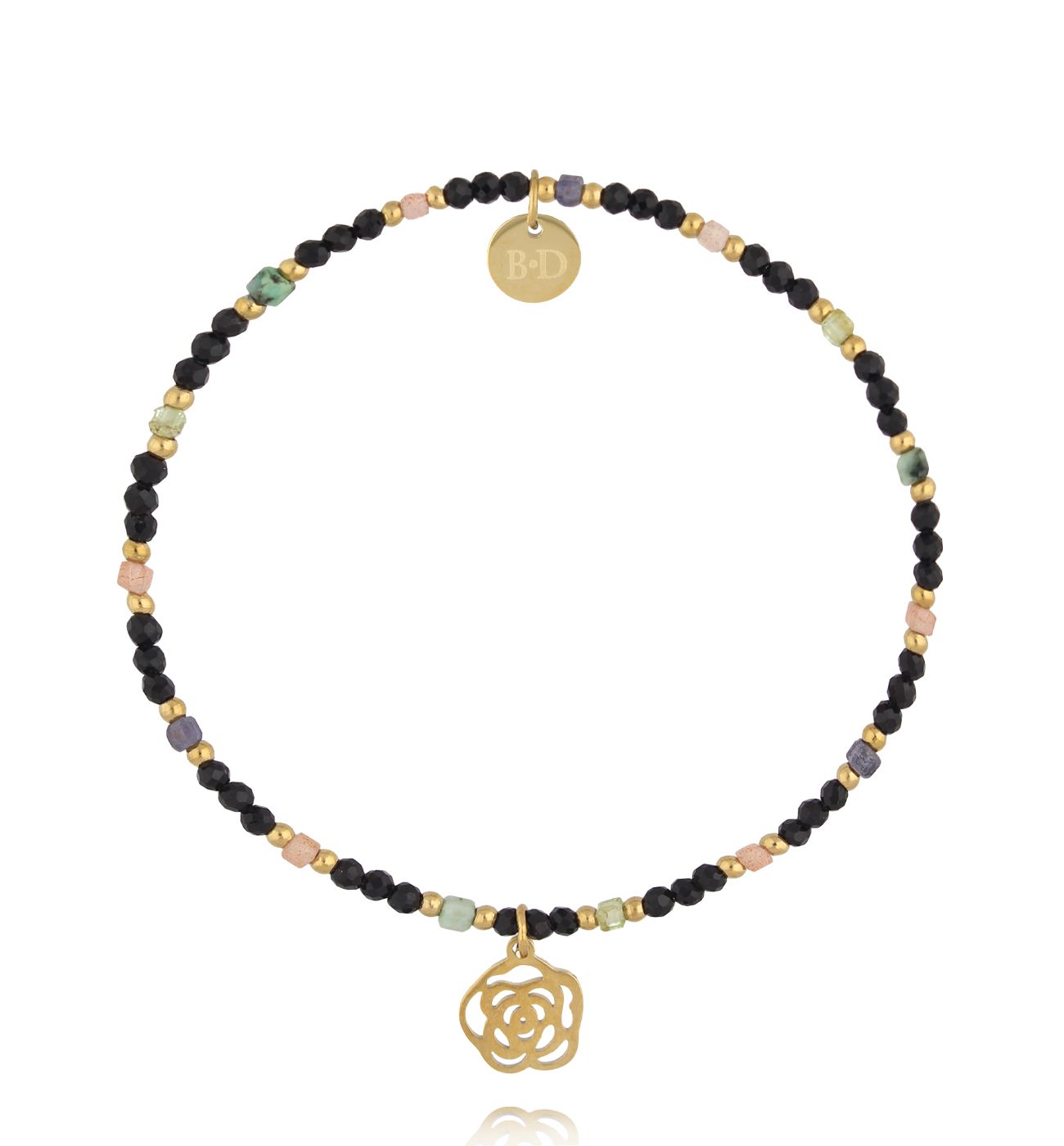 Bransoletka z czarnymi turmalinami i zawieszką róża BTW3669