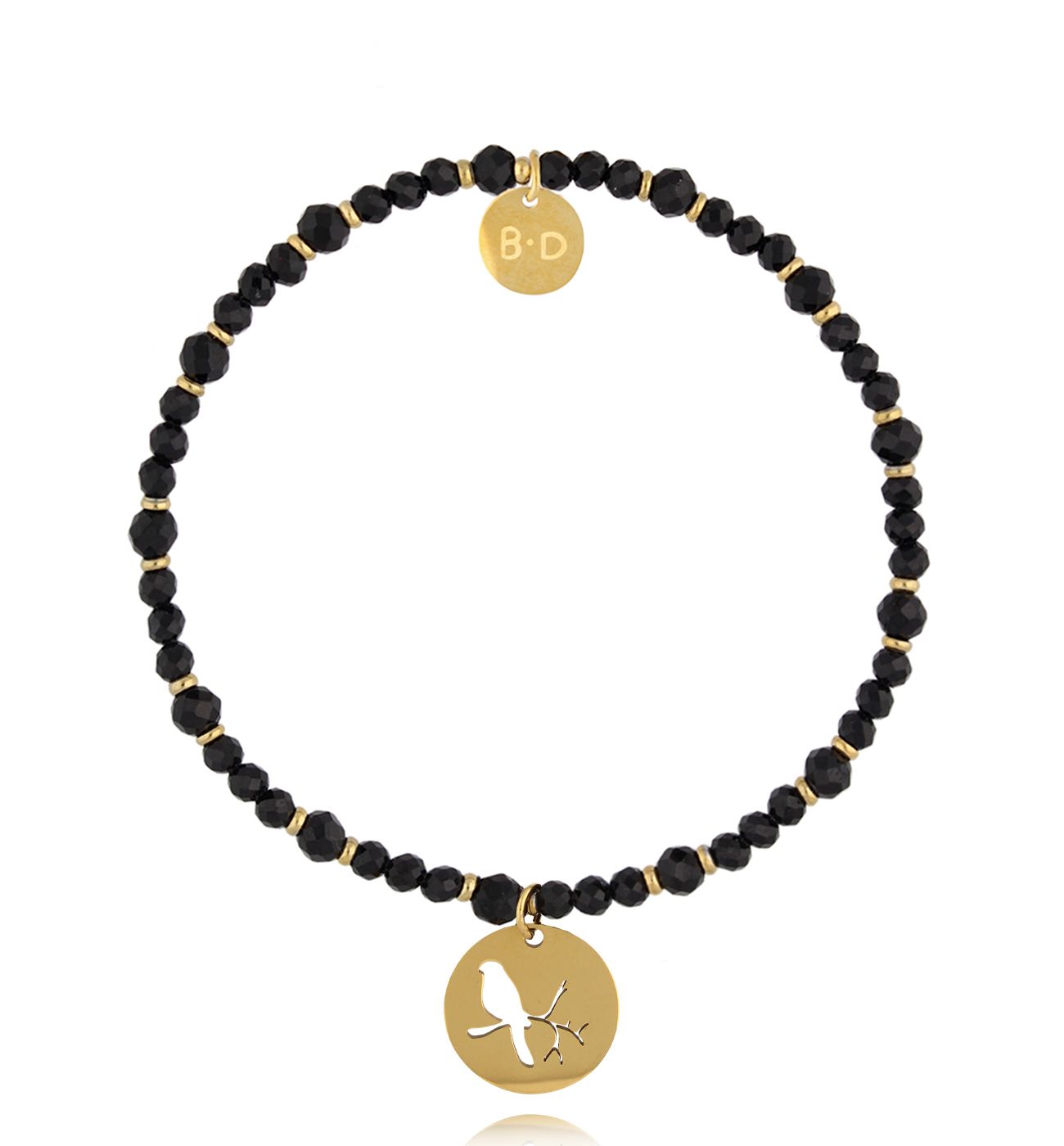 Bransoletka z czarnymi turmalinami i ptaszkiem - By Dziubeka