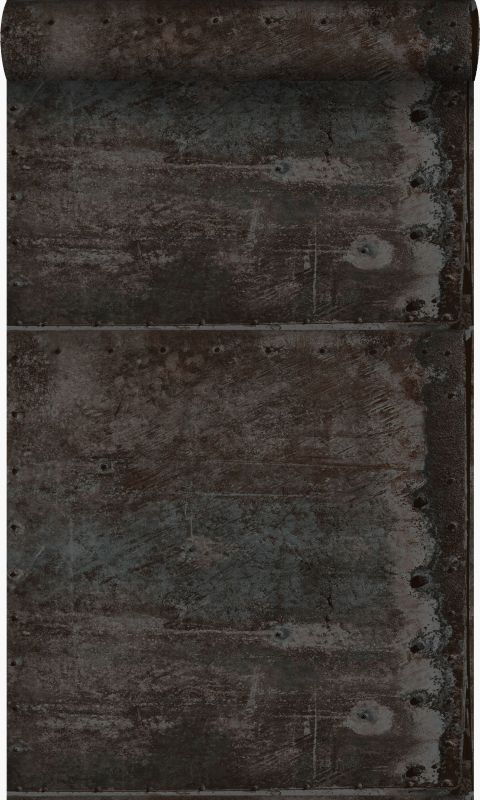 Tapeta Origin Wallcoverings duże wyblakłe zardzewiałe metalowe płytki z nitami czarnymIciemnego benzyny 53 cm x 10.05 m - 1 rol.