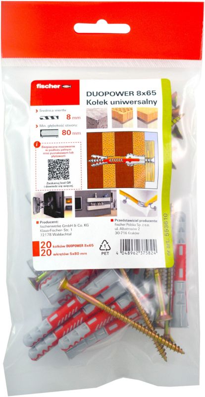 Kołek uniwersalny Fischer Duopower 8 x 65 mm z wkrętem 20 szt.