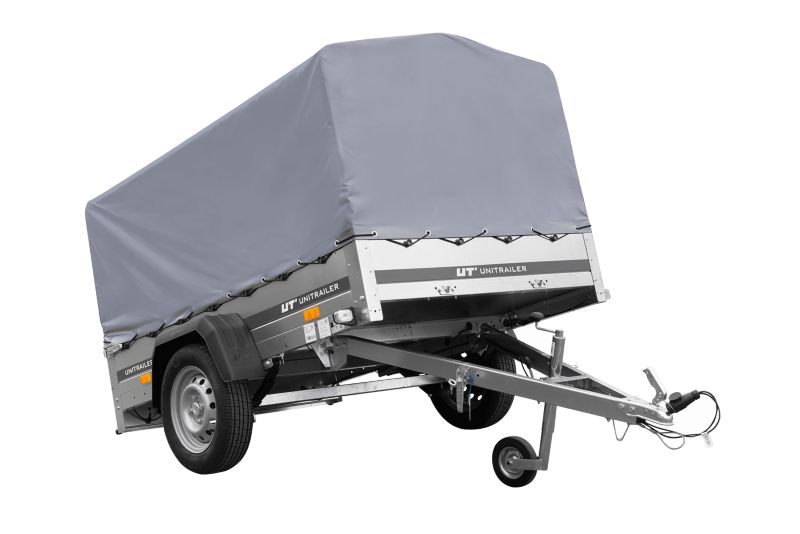 Przyczepka jednoosiowa Unitrailer GARDEN 201/R KIPP na resorach 200x125 ze stelażem H-800 i plandeką szarą 1 szt.