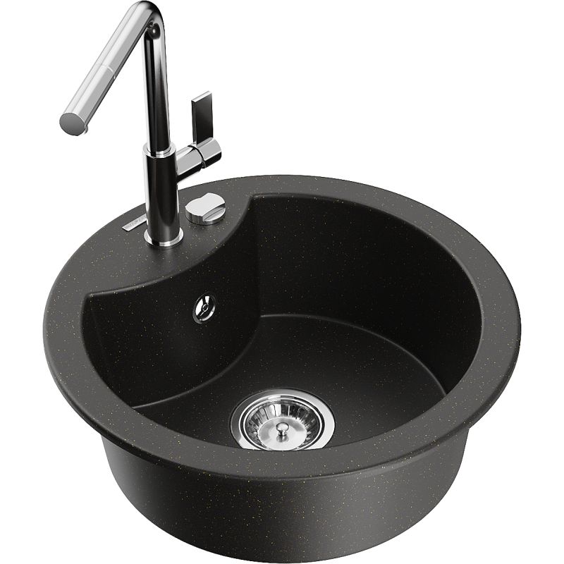 Zlewozmywak granitowy 1-komorowy Mexen Diego z baterią kuchenną Flora czarny/złoty metalik 6512-75-670401-00