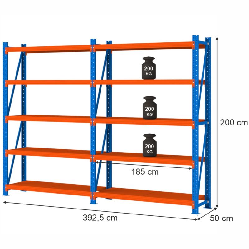 Regał Mega-M Fortis Light magazynowy metalowy 5-półkowy zestaw 2 moduły 200x392,5x50 cm 2szt.