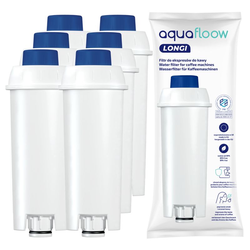 Filtr wody, Aquafloow, do ekspresu Delonghi Dinamica EC ECAM, zamiennik SER3017 DLSC002, węglowy, 6szt