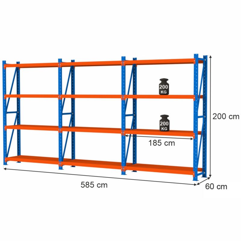 Regał Mega-M FORTIS LIGHT magazynowy 4-półkowy zestaw 3 moduły 200x585x60 cm 3szt.