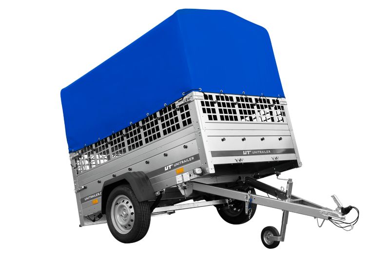 Przyczepka jednoosiowa Unitrailer GARDEN 201/R KIPP na resorach 200x125 burty siatkowe stelaż H-800 niebieski pokrowiec 1 szt.