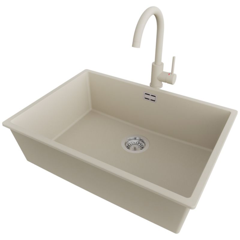 Zlewozmywak Granitowy Londyn Slim PRIMAGRAN Nablatowy 66x47cm do szafki od 70cm, Beżowy + Bateria 32x20cm + Syfon, S403, 1 szt.