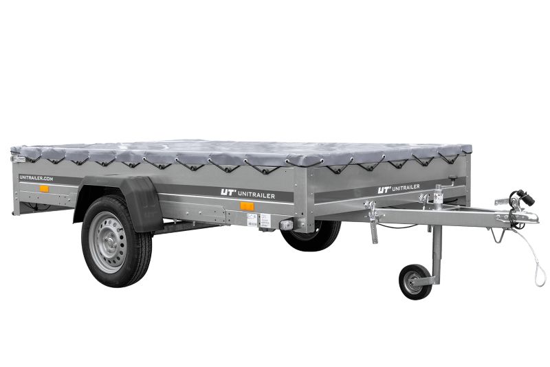 Przyczepka samochodowa jednoosiowa Unitrailer na resorach 264x150 GARDEN 265/R KIPP ze stelażem H-0 i pokrowcem szarym 1 szt.