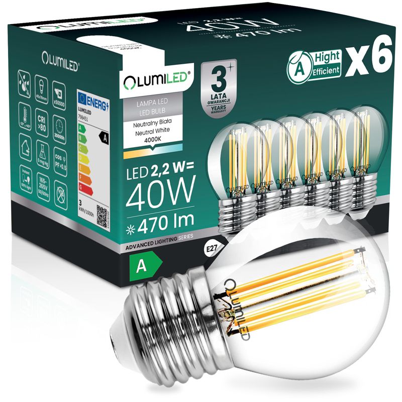 Żarówka LED Lumiled E27 Kulka P45 2.2W 470lm 4000K 360st Filament Klasa A 6 szt.