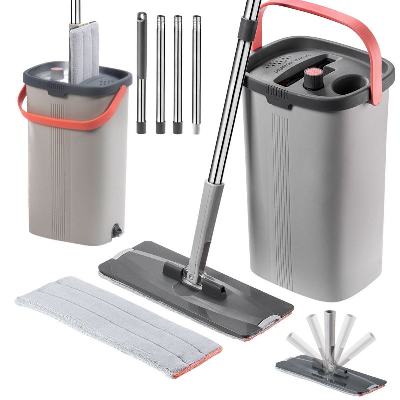 Mop KADAX Płaski Z Wyciskaczem Wiadrem Dwukomorowym 1 Separacją Wody + 2 Wkłady Szary 1szt.