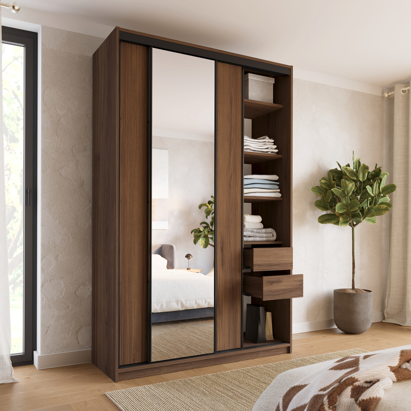 Wysoka szafa przesuwna z lustrem 150 cm do sypialni LOFT MAX orzech
