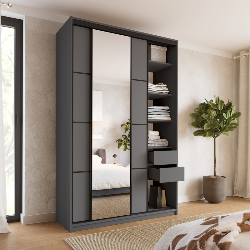 Wysoka szafa przesuwna z lustrem 150 cm LOFT MAX z szufladami