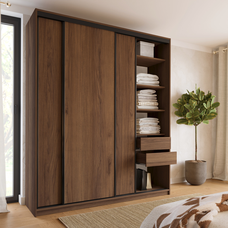 Wysoka szafa przesuwna 200 cm do sypialni LOFT MAX orzech