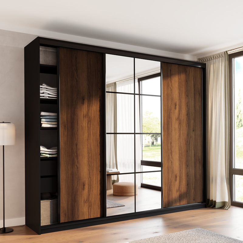 Wysoka szafa przesuwna z lustrem 280 cm do sypialni EDGE MAX orzech