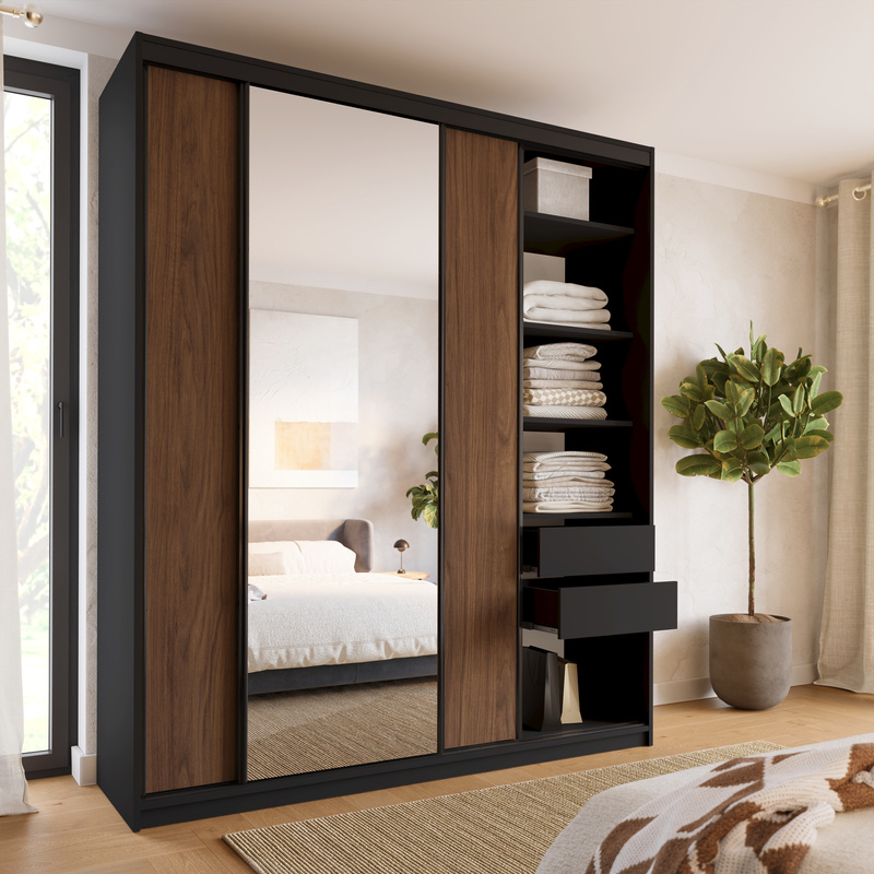 Wysoka szafa przesuwna z lustrem 200 cm do sypialni LOFT MAX orzech