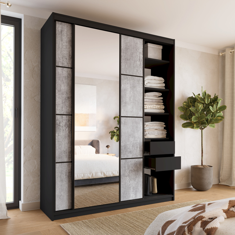 Wysoka szafa przesuwna z lustrem 180 cm LOFT MAX beton