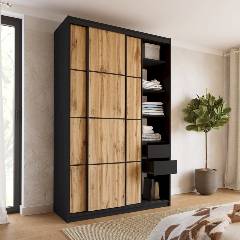 Wysoka szafa przesuwna z szufladami i półkami 150 cm LOFT MAX