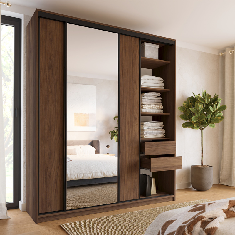 Wysoka szafa przesuwna z lustrem 200 cm do sypialni LOFT MAX orzech
