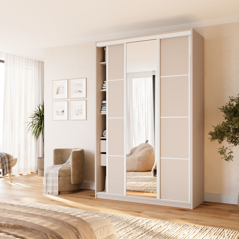 Beżowa wysoka szafa przesuwna 150 cm z lustrem VITA MAX