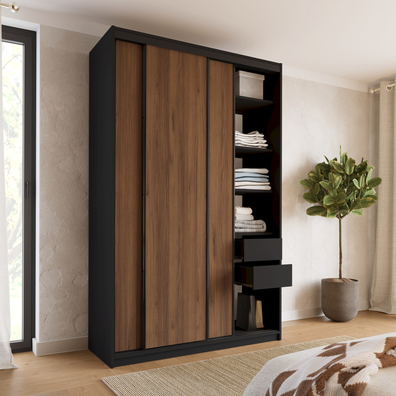 Wysoka szafa przesuwna 150 cm do sypialni LOFT MAX orzech