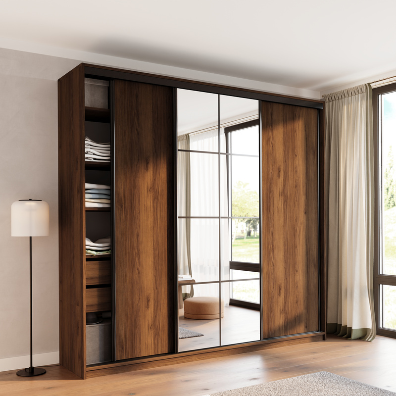 Wysoka szafa przesuwna z lustrem 250 cm do sypialni EDGE MAX orzech