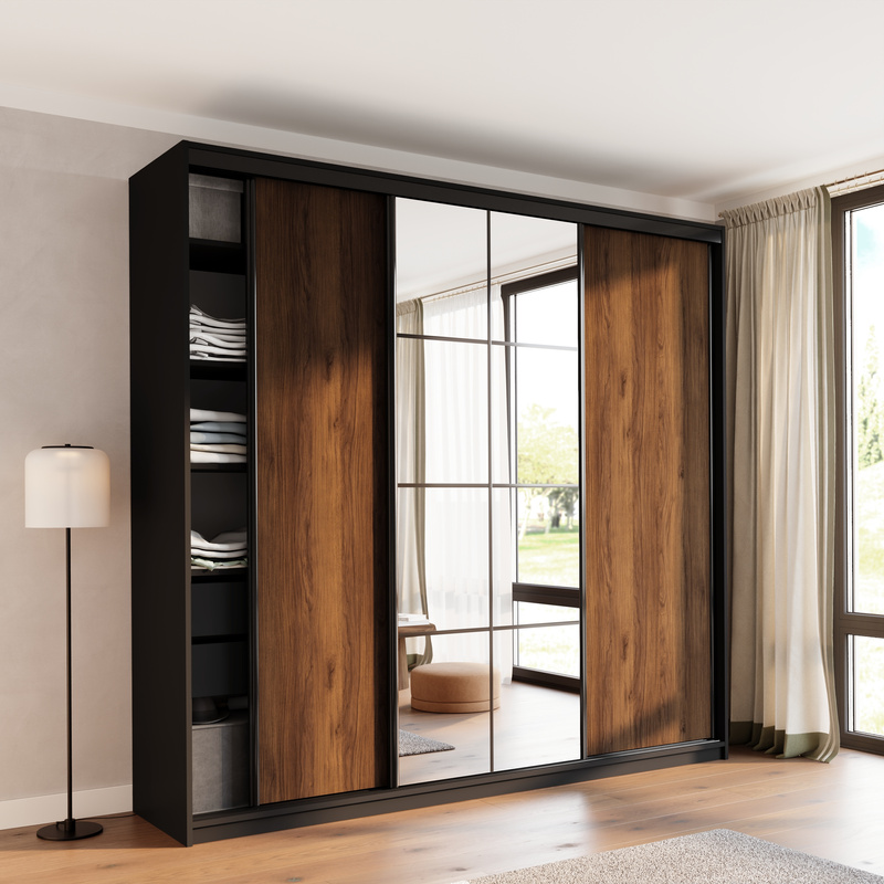Pojemna szafa przesuwna z lustrem 250 cm do sypialni EDGE MAX orzech