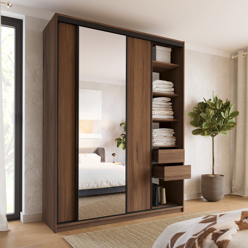 Wysoka szafa przesuwna z lustrem 180 cm do sypialni LOFT MAX orzech