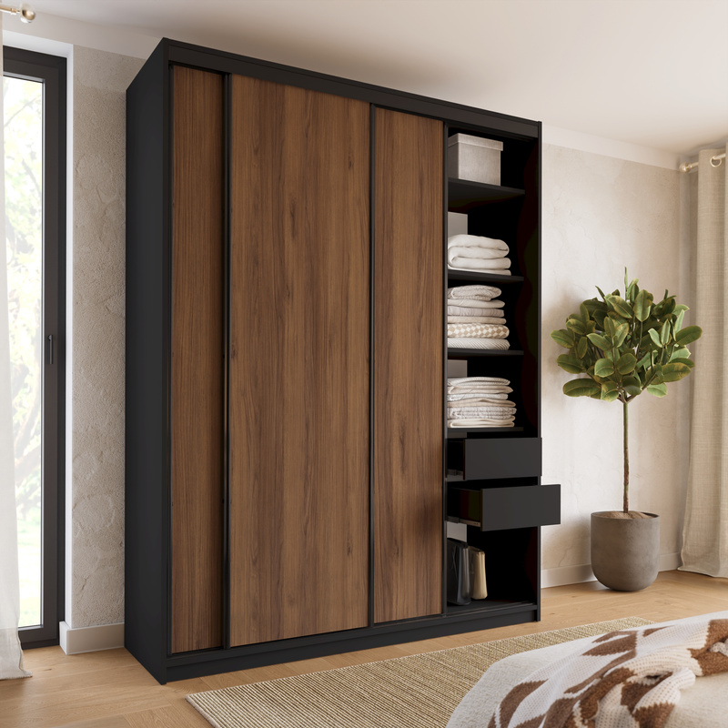 Wysoka szafa przesuwna 180 cm do sypialni LOFT MAX orzech