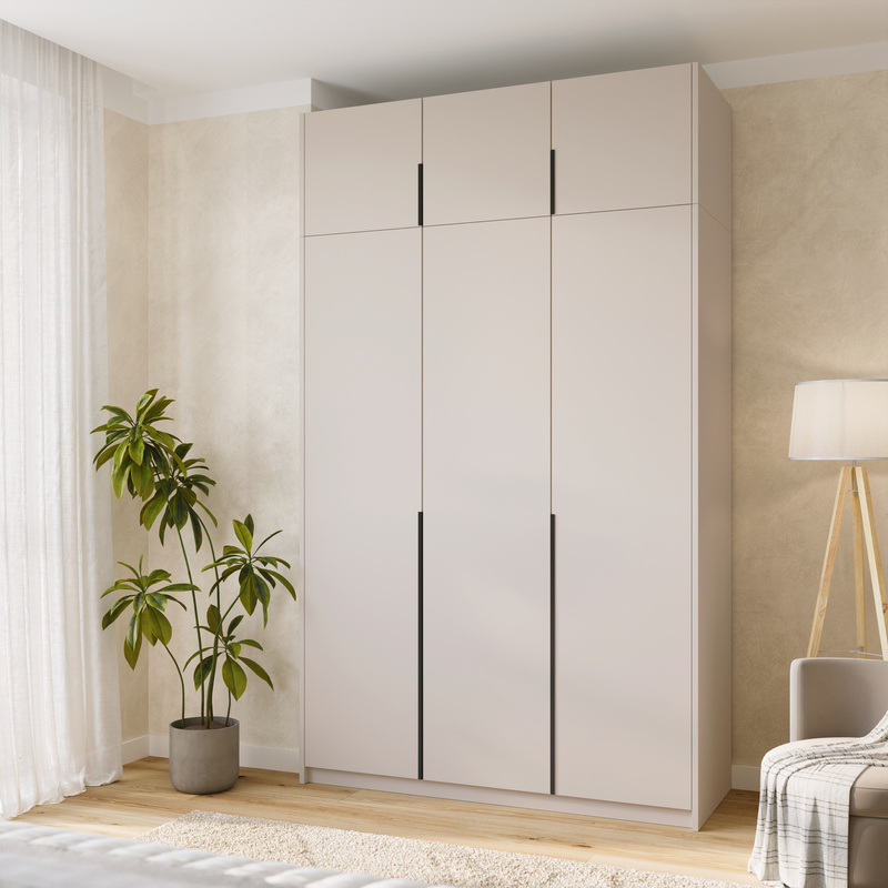 Kaszmirowa wysoka szafa uchylna z półkami i drążkami 150 cm ASAN