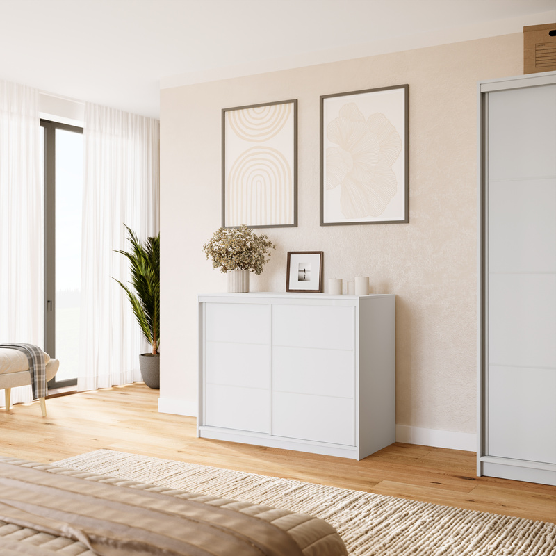 Biała komoda przesuwna z szufladami do sypialni 120 cm VITA